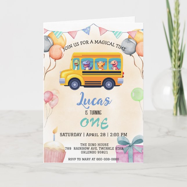 Funny dinosaur Back To School Bus boy Birthday  Invitation (Front)