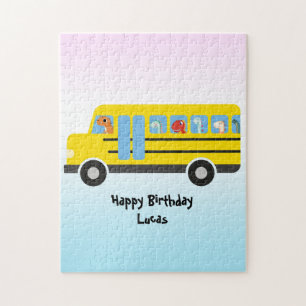 Funny dinosaur Back To School Bus boy Birthday Jigsaw Puzzle