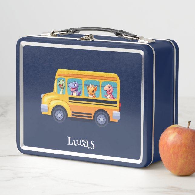 Funny dinosaur Back To School Bus boy Birthday  Metal Lunch Box (In Situ)