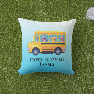 Funny dinosaur Back To School Bus boy Birthday Outdoor Pillow