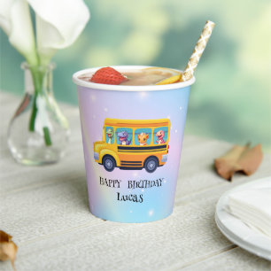Funny dinosaur Back To School Bus boy Birthday Paper Cups