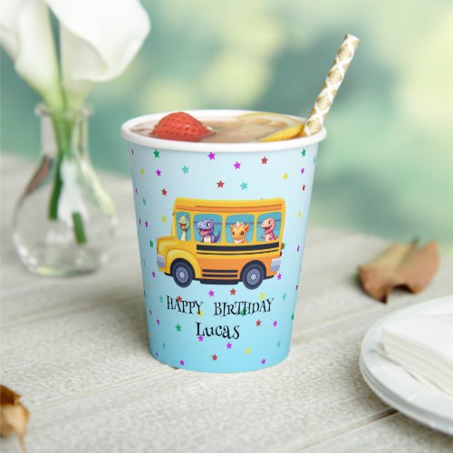 Funny dinosaur Back To School Bus boy Birthday Paper Cups