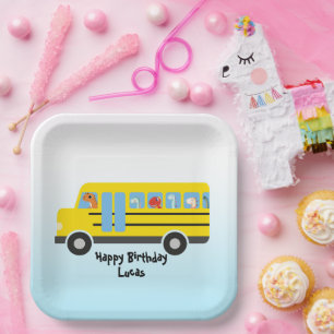 Funny dinosaur Back To School Bus boy Birthday Paper Plates