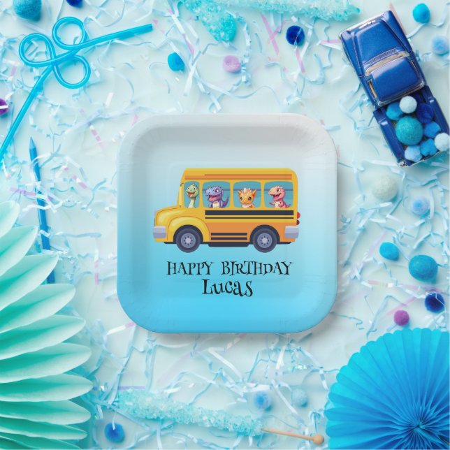 Funny dinosaur Back To School Bus boy Birthday  Paper Plates (Party)