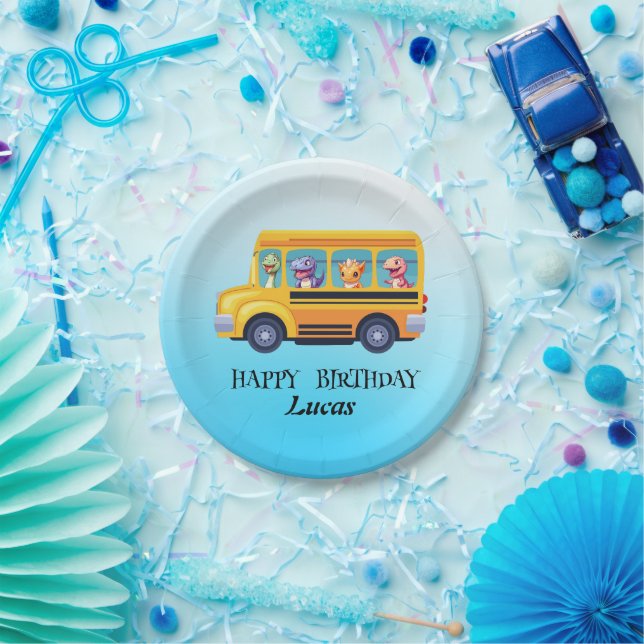 Funny dinosaur Back To School Bus boy Birthday  Paper Plates (Party)