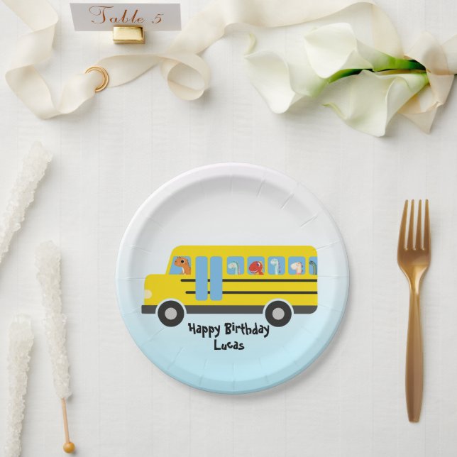 Funny dinosaur Back To School Bus boy Birthday Paper Plates (Wedding)