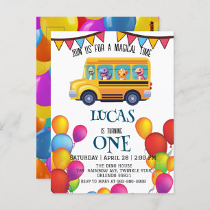 Funny dinosaur Back To School Bus boy Birthday Postcard