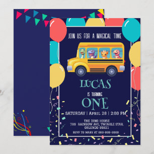 Funny dinosaur Back To School Bus boy Birthday  Save The Date