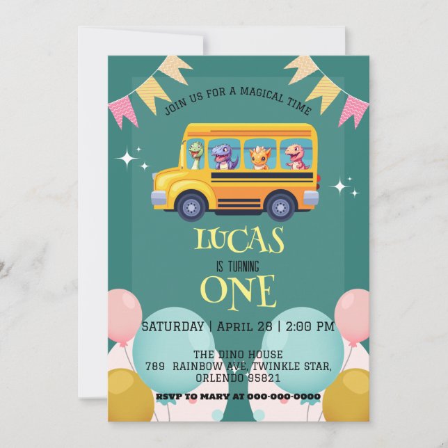 Funny dinosaur Back To School Bus boy kid Birthday Save The Date (Front)