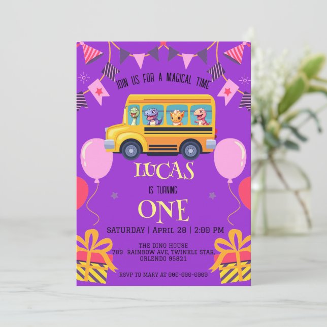 Funny dinosaur Back To School Bus boy kid Birthday Save The Date (Standing Front)