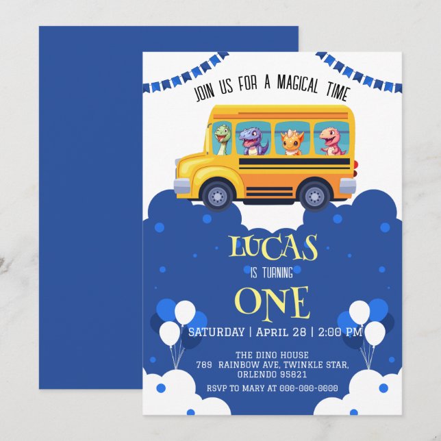 Funny dinosaur Back To School Bus boy kid Birthday Save The Date (Front/Back)