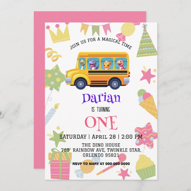 Funny dinosaur Back To School Bus cake Birthday Save The Date (Front/Back)