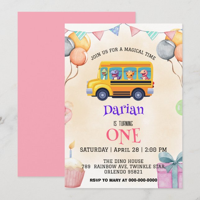 Funny dinosaur Back To School Bus cake Birthday Save The Date (Front/Back)