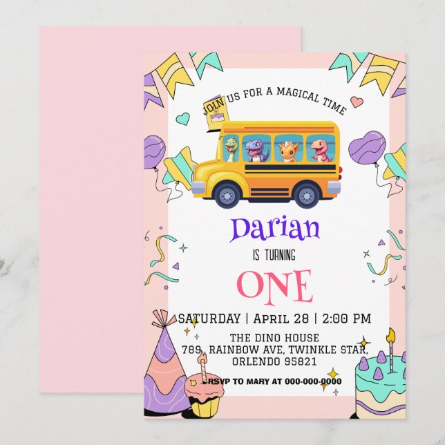 Funny dinosaur Back To School Bus cake Birthday Save The Date (Front/Back)