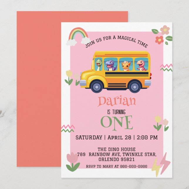 Funny dinosaur Back To School Bus girls Birthday Save The Date (Front/Back)