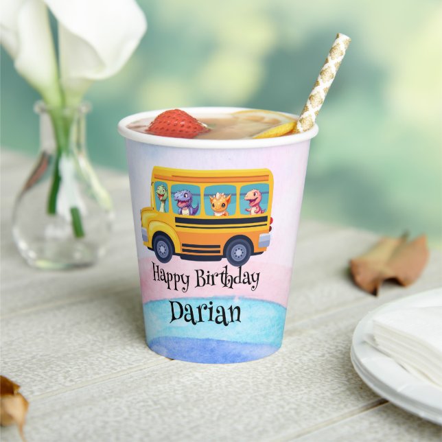 Funny dinosaur Back To School Bus Rainbow Birthday Paper Cups (Insitu)