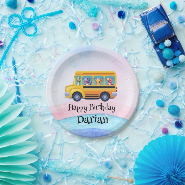 Funny dinosaur Back To School Bus Rainbow Birthday Paper Plates (Party)