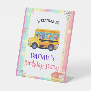 Funny dinosaur Back To School Bus Rainbow Birthday Pedestal Sign