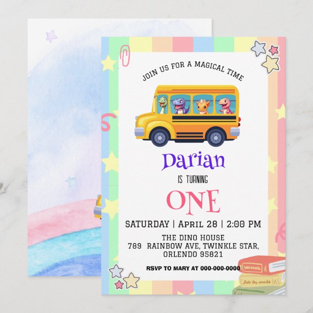 Funny dinosaur Back To School Bus Rainbow Birthday Save The Date (Front/Back)