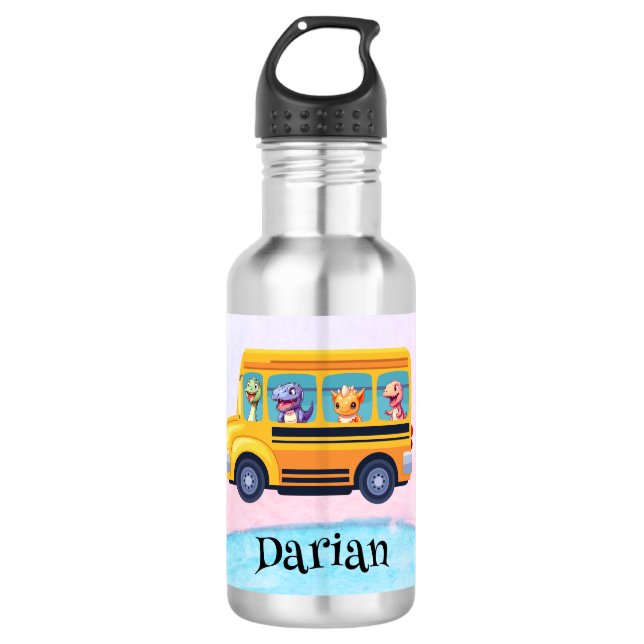 Funny dinosaur Back To School Bus Rainbow Birthday Stainless Steel Water Bottle (Front)