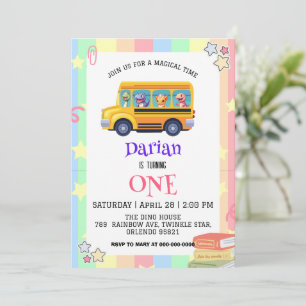 Funny dinosaur Back To School Bus Rainbow Birthday Thank You Card