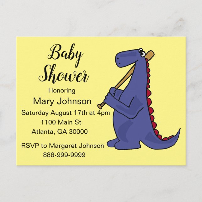 Funny Dinosaur Baseball Player Baby Shower Invitation Postcard (Front)