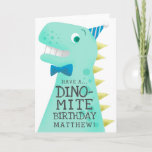 Funny Dinosaur Birthday Card<br><div class="desc">Funny and cute birthday card for a special boy! Cartoon style illustration of a green dinosaur with yellow spikes. The t rex is wearing a blue bow tie and a tiny party hat. On his body there is a text that says "Have a DINO-MITE birthday" You can add the birthday...</div>