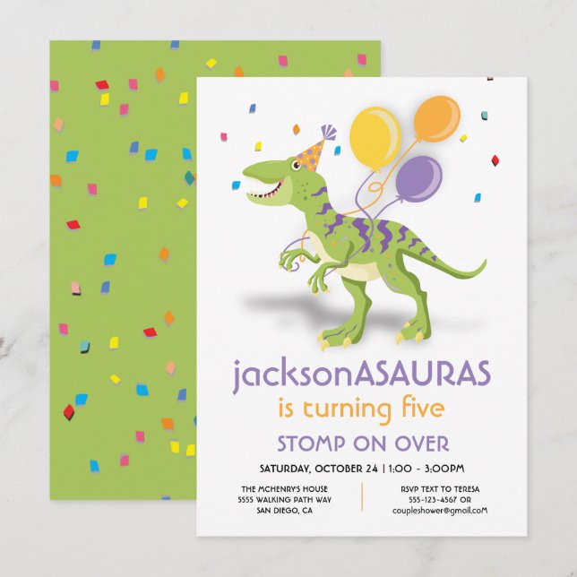 Funny Dinosaur Birthday Party Invitation (Front/Back)