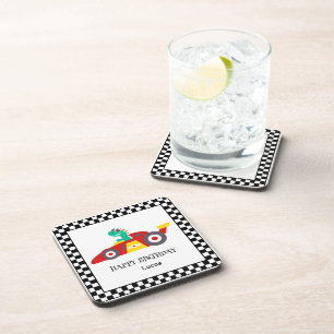Funny Dinosaur Birthday racing car boy kids name Beverage Coaster