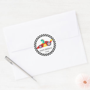 Funny Dinosaur Birthday racing car boy kids name Classic Round Sticker