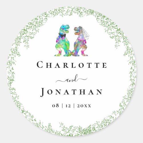 Funny Dinosaur Bride and Groom Custom Wedding Classic Round Sticker