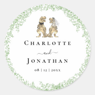 Funny Dinosaur Bride and Groom Custom Wedding Classic Round Sticker