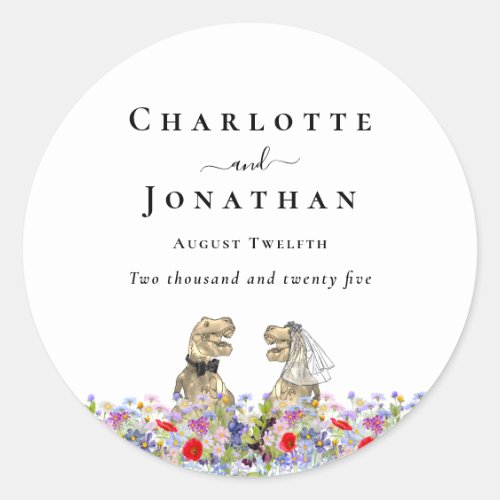 Funny Dinosaur Bride and Groom Custom Wedding Classic Round Sticker