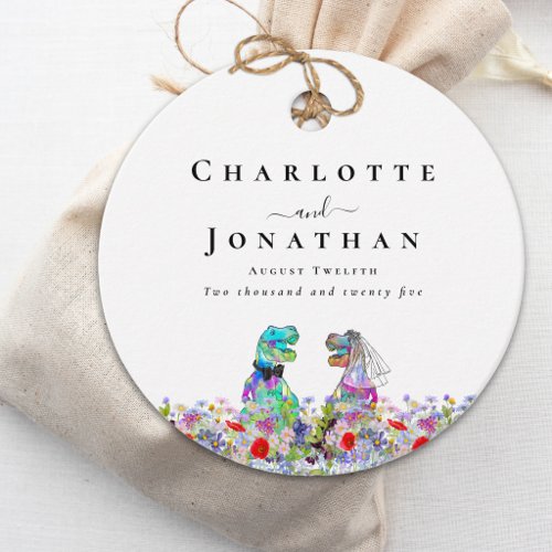 Funny Dinosaur Bride and Groom Custom Wedding Favor Tags