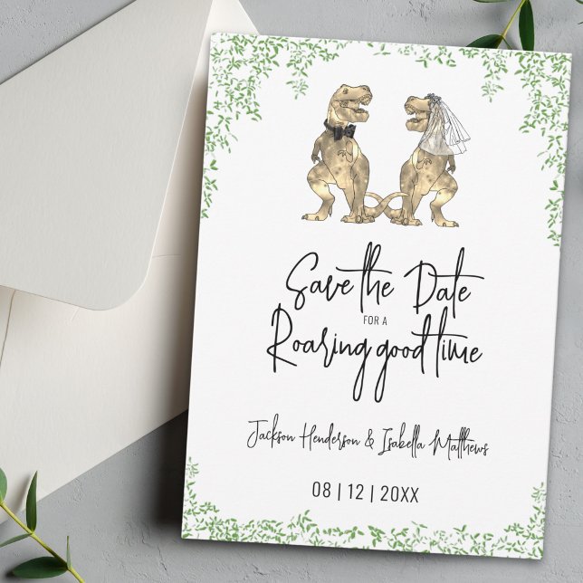 Funny Dinosaur Bride and Groom Wedding Save The Date (Funny dinosaur bride and groom roaring good time wedding save the date invitation)