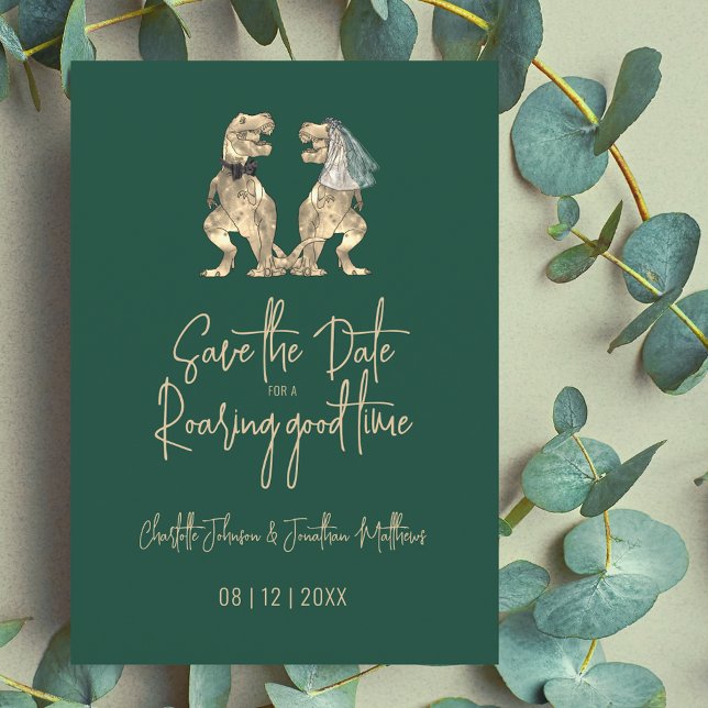 Funny Dinosaur Bride and Groom Wedding Save The Date (Funny Dinosaur wedding save the date invitation Fun T-Rex bride and groom elegant modern script )