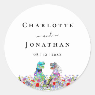 Funny Dinosaur Bride & Groom Custom Wedding Classic Round Sticker