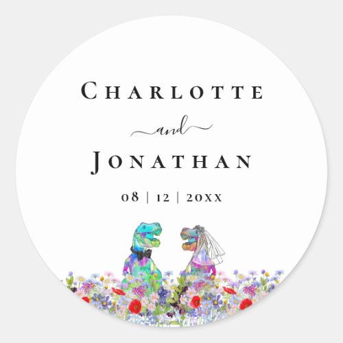 Funny Dinosaur Bride & Groom Custom Wedding Classic Round Sticker