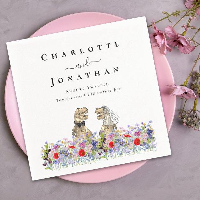 Funny Dinosaur Bride & Groom Custom Wedding Napkins (Funny dinosaur bride and groom custom wedding napkins watercolor wildflower florals)