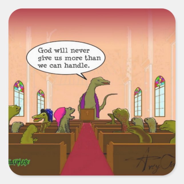 Funny Dinosaur Cartoon Satire Humans & Religion Square Sticker (Front)