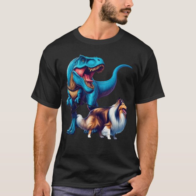 Funny Dinosaur Collie Walking Dog Lover T-Shirt (Front)