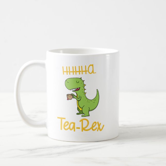 Funny Dinosaur Drinking Tea Rex Tyrannosaurus Coffee Mug (Left)