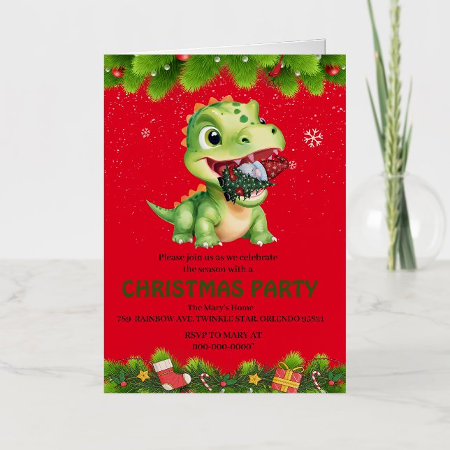 Funny Dinosaur eat Gnome Christmas tree party gift Foil Greeting Card (Front)