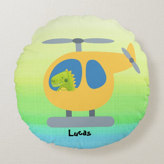 funny dinosaur flying  yellow helicopter party round pillow (Front)