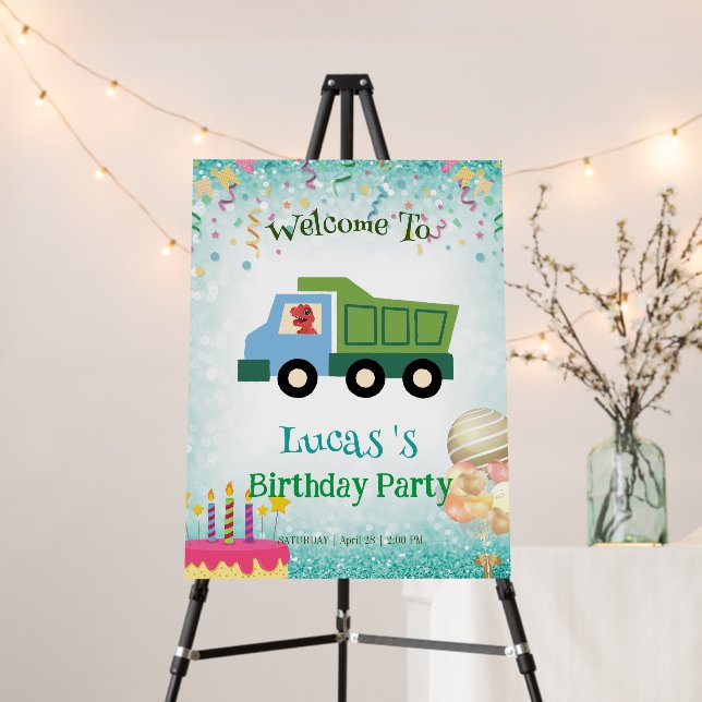 Funny dinosaur Garbage truck Birthday party Name Foam Board (In Situ (Stand))