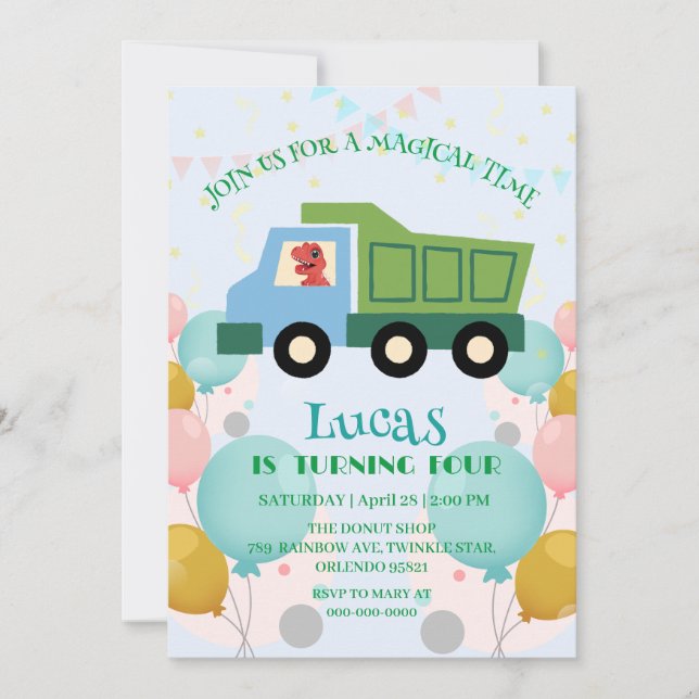 Funny dinosaur Garbage truck Birthday party Name Holiday Card (Front)