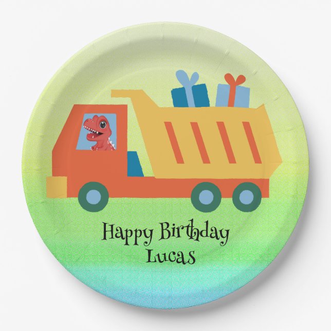 Funny dinosaur gifts truck Birthday party DIY Name Paper Plates (Front)