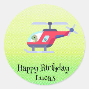 Funny dinosaur Helicopter Birthday party DIY Name Classic Round Sticker