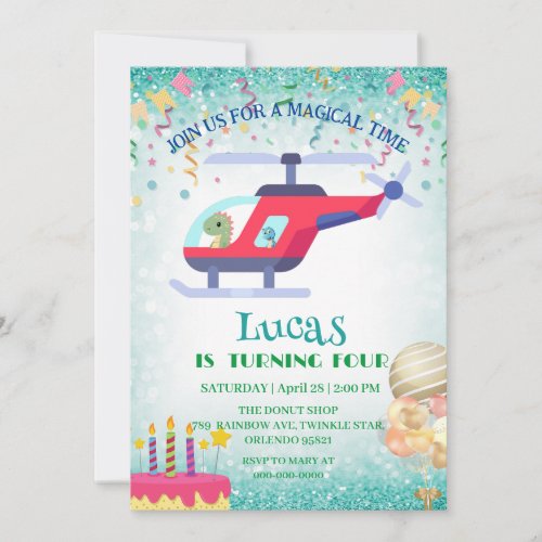 Funny dinosaur Helicopter Birthday party DIY Name Holiday Card