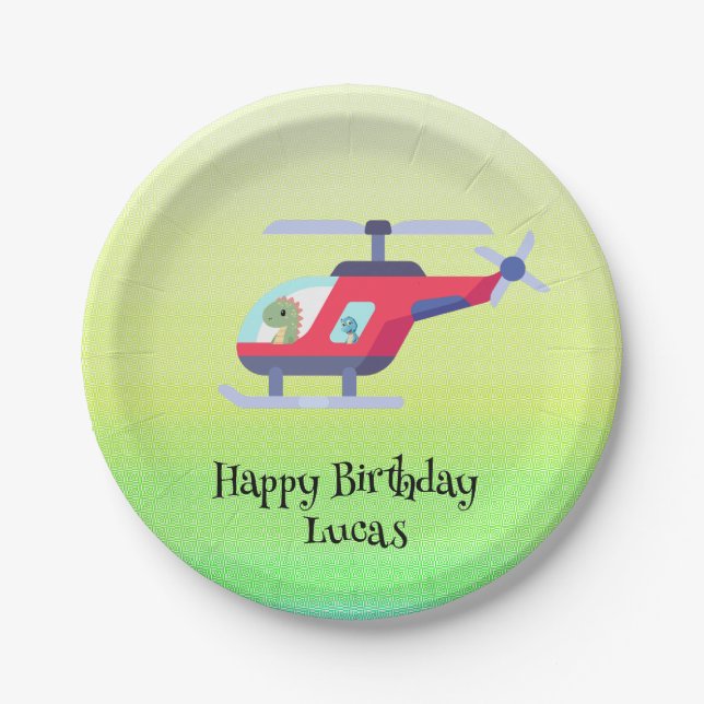 Funny dinosaur Helicopter Birthday party DIY Name Paper Plates (Front)
